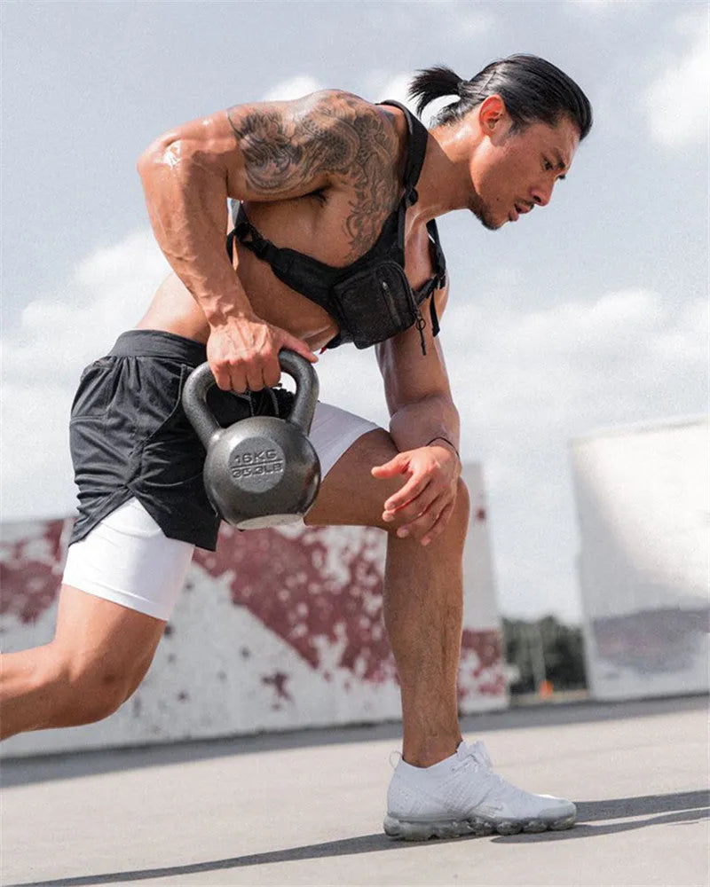 Men's 2 in 1 mesh running shorts in army green, blue, black, camo, red, white, and yellow, sizes S to 3XL