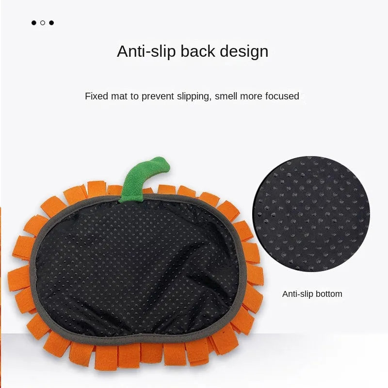 Orange pumpkin-shaped dog sniffing mat with raised fur textures for slow feeding and treat hiding.