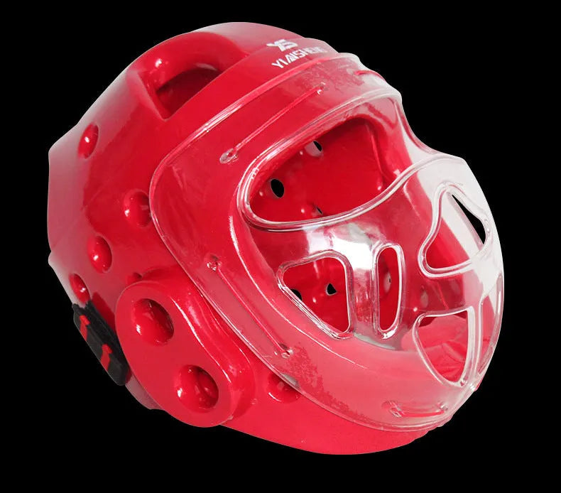 Blue, red, or white karate protective helmet for boxing head guard safety equipment.