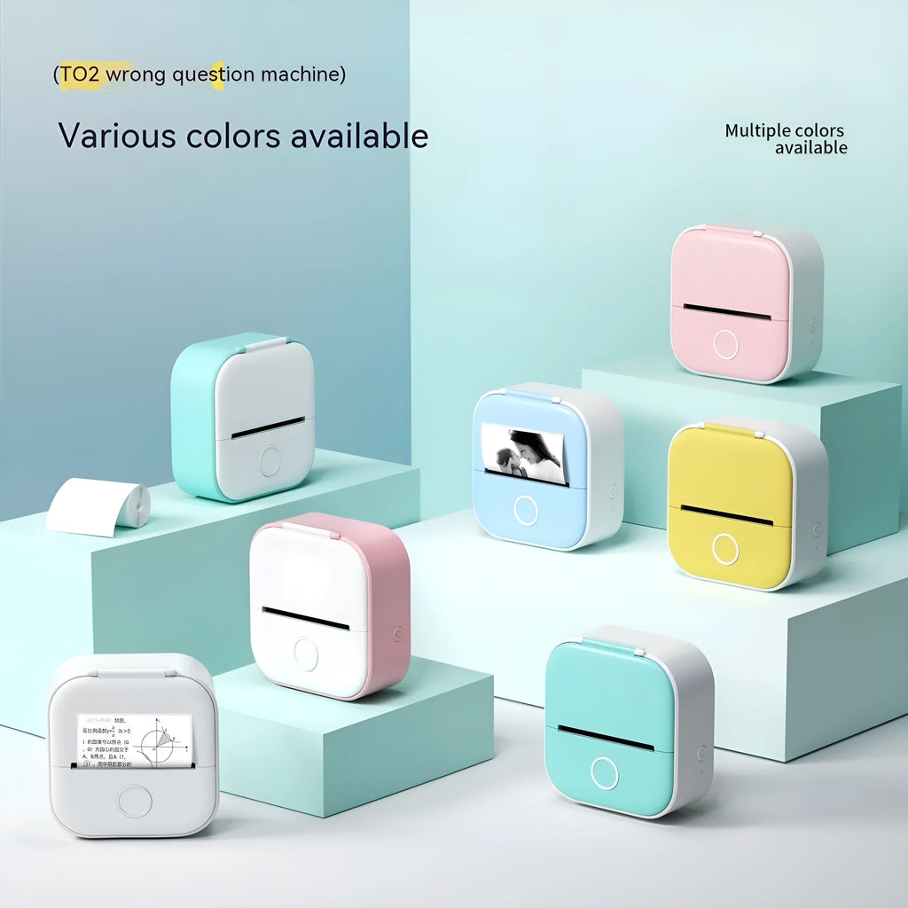 Portable mini thermal label printer in white, 87mm by 90mm by 40mm, with Bluetooth connectivity and inkless printing