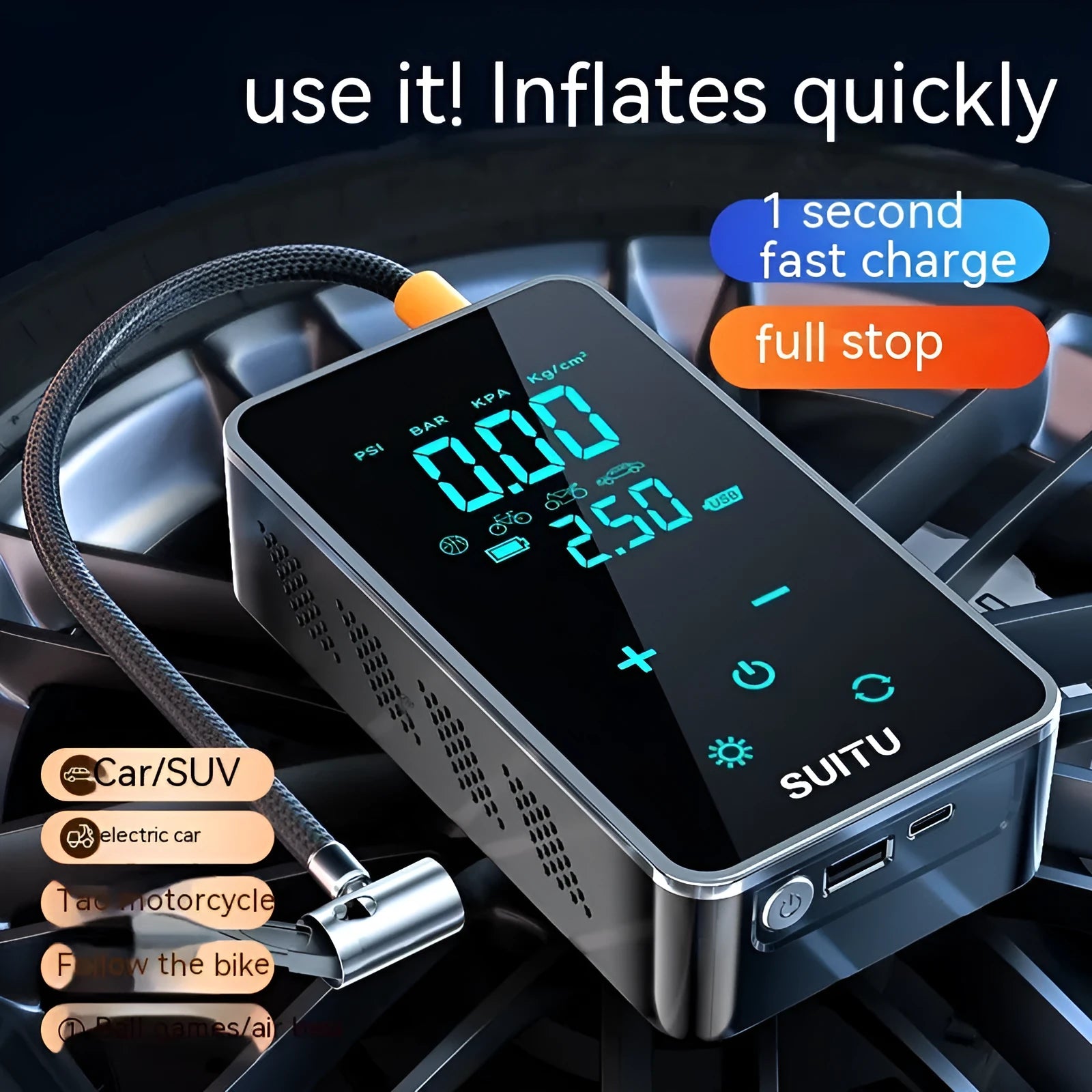 Compact black wireless car tyre pump with LCD screen on a cloth bag alongside its charging cable and nozzles.