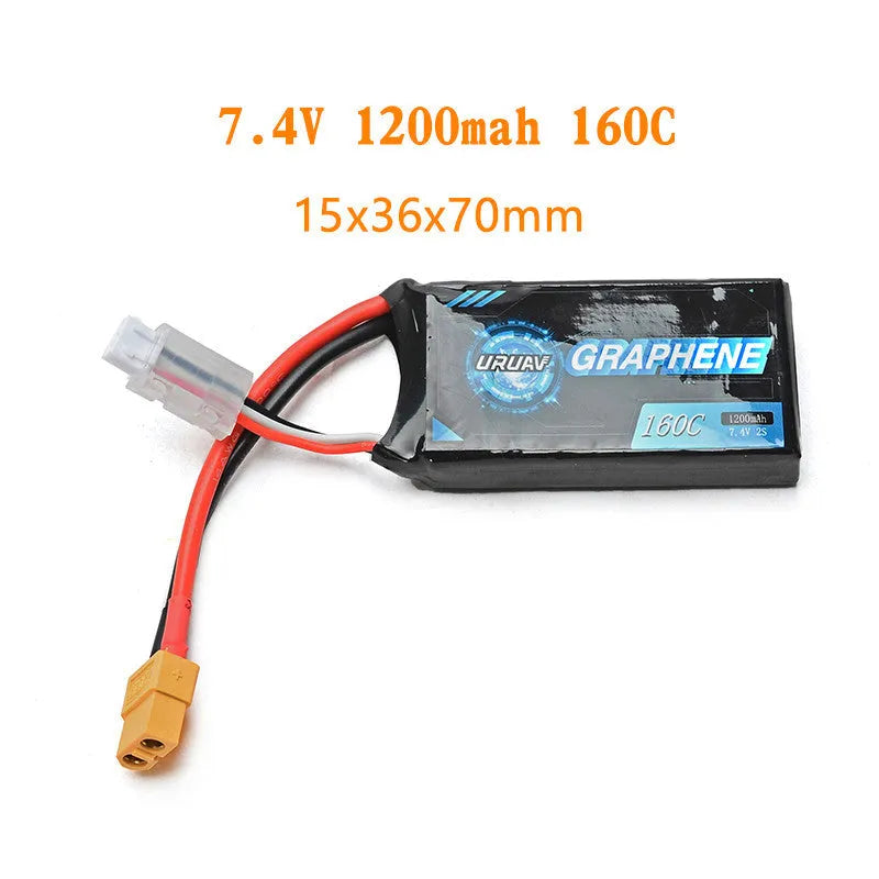 1200mAh 7.4V 2S lithium polymer RC battery pack for remote control cars and model ships.