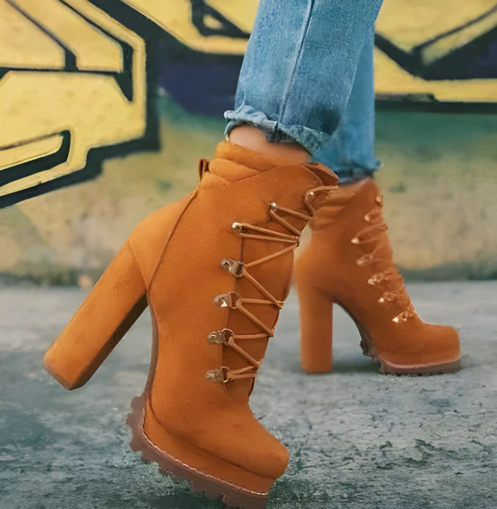 Women's suede high-heeled ankle boots in army green with a thick heel and buckle detail.
