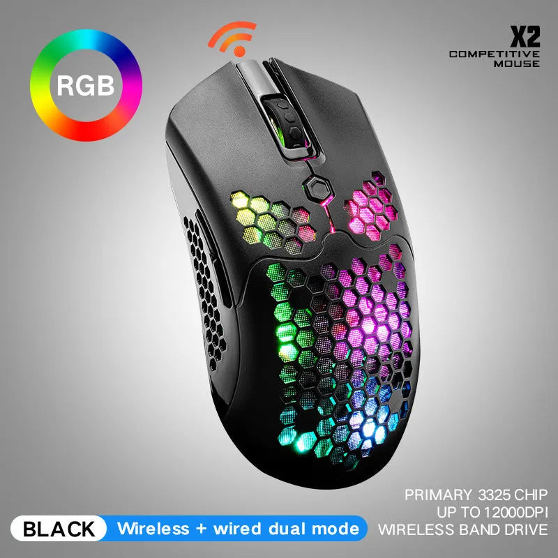 Free Wolf X2 wireless RGB gaming mouse in black on a mouse pad, showing ambidextrous shape and side buttons.