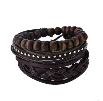 Handmade adjustable leather bead bracelet with multilayer design featuring cowhide leather, wooden beads, and woven ropes