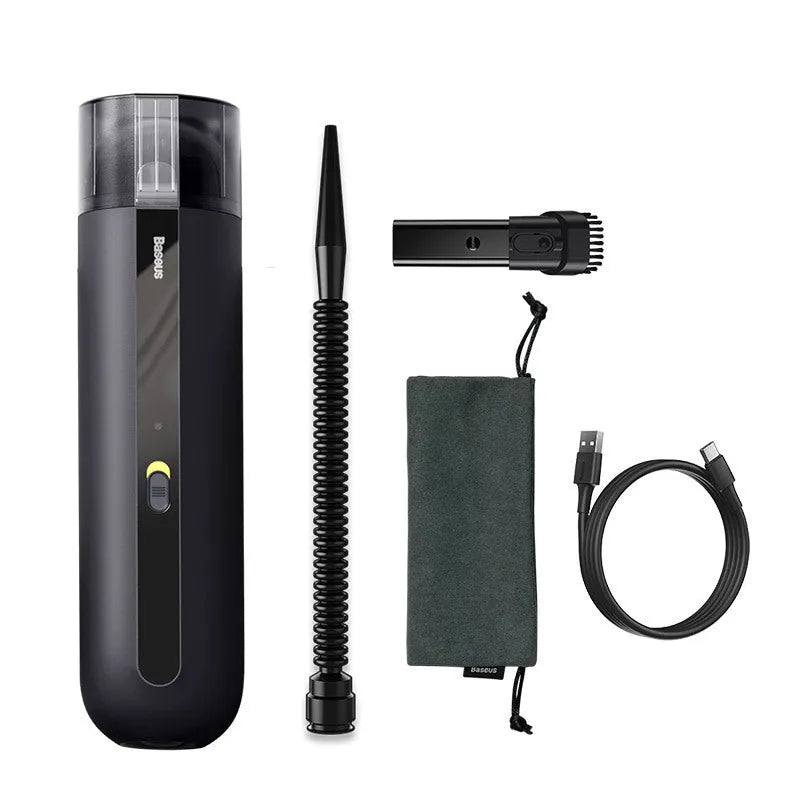 Baseus wireless handheld car vacuum cleaner in black, shown with blowing hose attachment and Type-C charging cable.