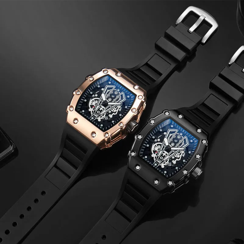 Men's sports waterproof quartz watch black rubber strap barrel dial mineral glass