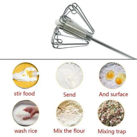 Self spinning whisk with stainless steel head and black handle on a white background