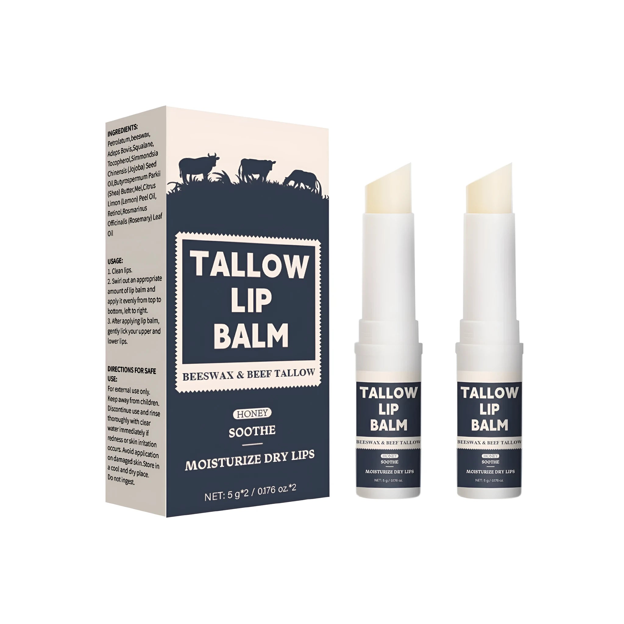 Two beef fat lip balms with light grain texture for soft full lips