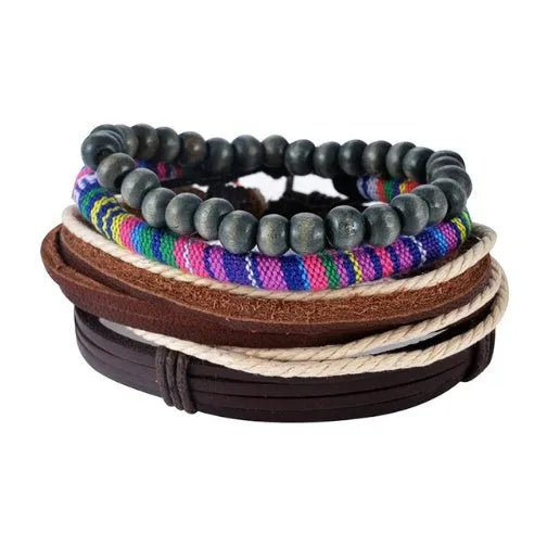 Handmade adjustable leather bead bracelet with multilayer design featuring cowhide leather, wooden beads, and woven ropes