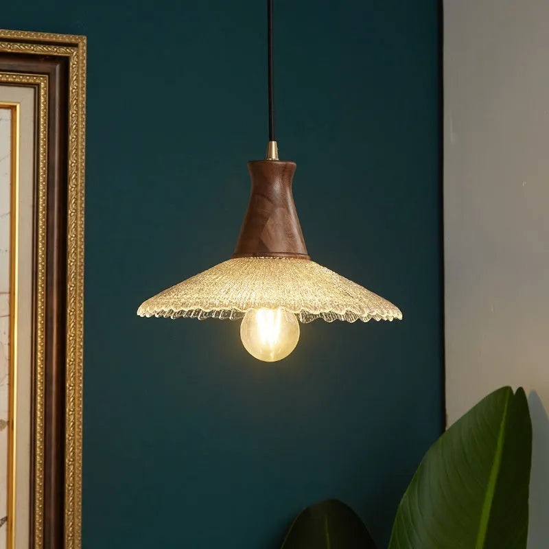 Retro brass and glass wood chandelier with wooden body, available in three sizes