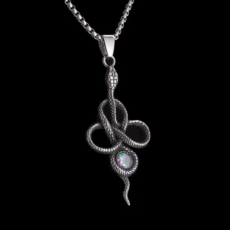 Vintage snakelike winding alloy pendant necklace with inlaid jewel on a pearl chain, 51-60cm perimeter