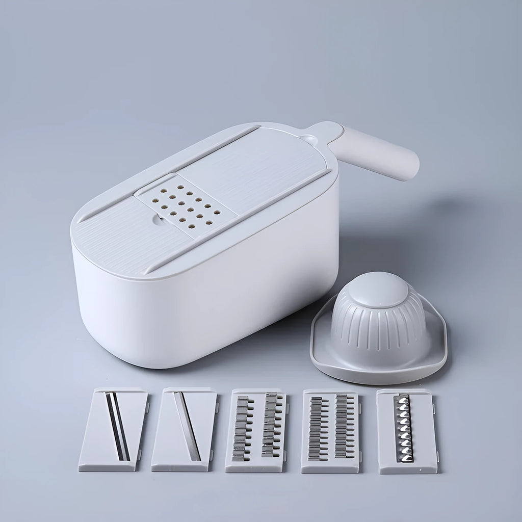 Nordic style manual vegetable slicer with stainless steel blades in blue, grey, and khaki colour options.