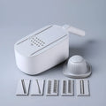 Nordic style manual vegetable slicer with stainless steel blades in blue, grey, and khaki colour options.