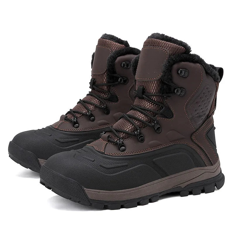 Men's black high-top lace-up boots with a fleece-lined interior and flat heel, shown from the side.