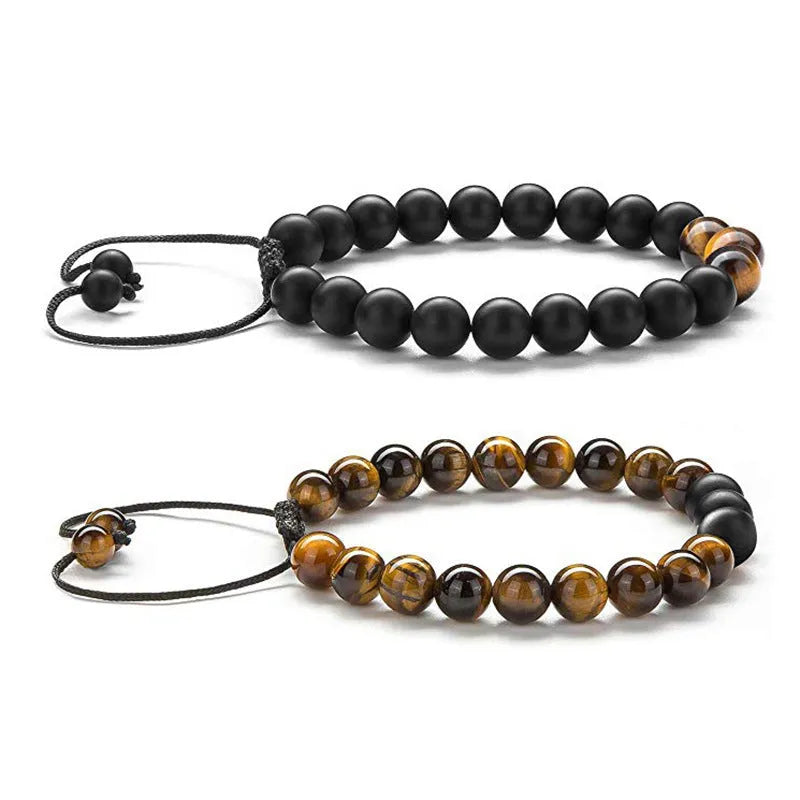 Geometric agate couple bracelets in tiger eye and matte black beads.