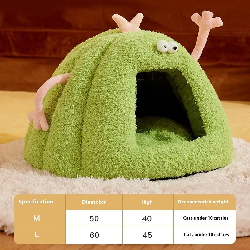 Monster-shaped semi-enclosed cat kennel in yellow, purple, or green colour with soft bubble velvet lining