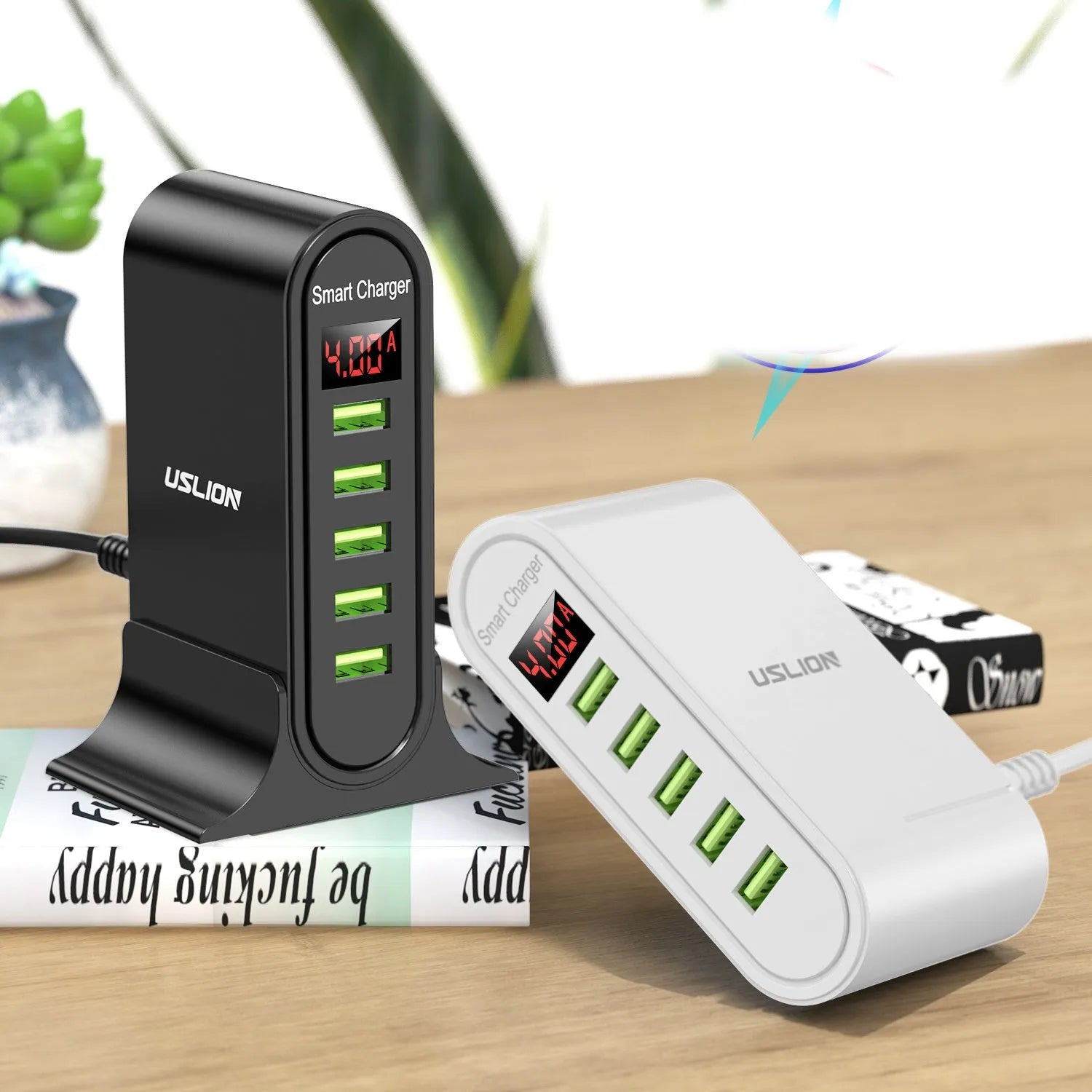 Smart LED digital display USB charger in black or white with choice of plug styles.