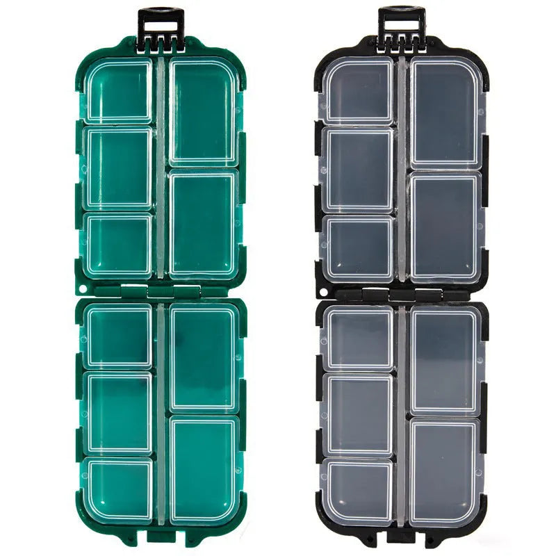 Black plastic fishing tackle storage box with a 10-grid interior for small hooks and lures.