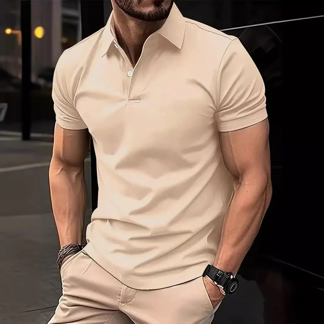 Men's slim fit solid colour short sleeve button-up shirt on a hanger.