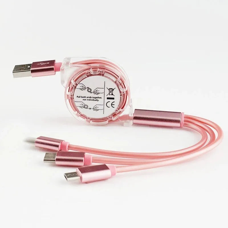 One For Three telescopic data cable 120cm with Apple Android Type-C connectors in multiple colours