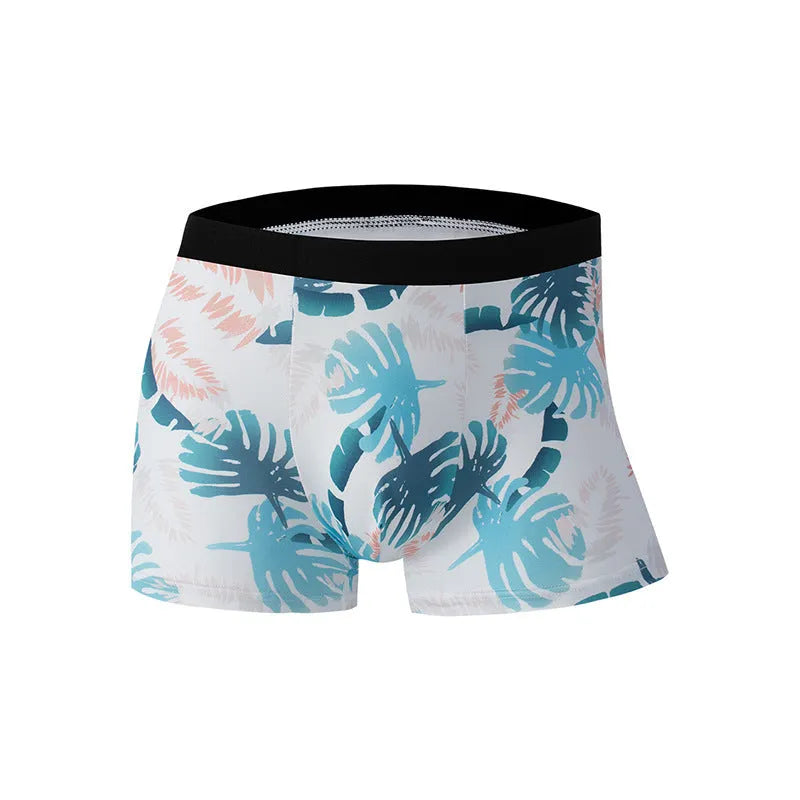 Men's printed ice silk underwear in floral pattern showing mid-waist design