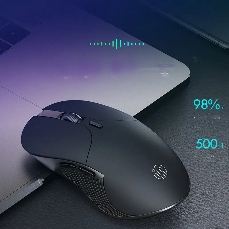 Black wireless voice mouse with six buttons, measuring 123x35x65.5mm