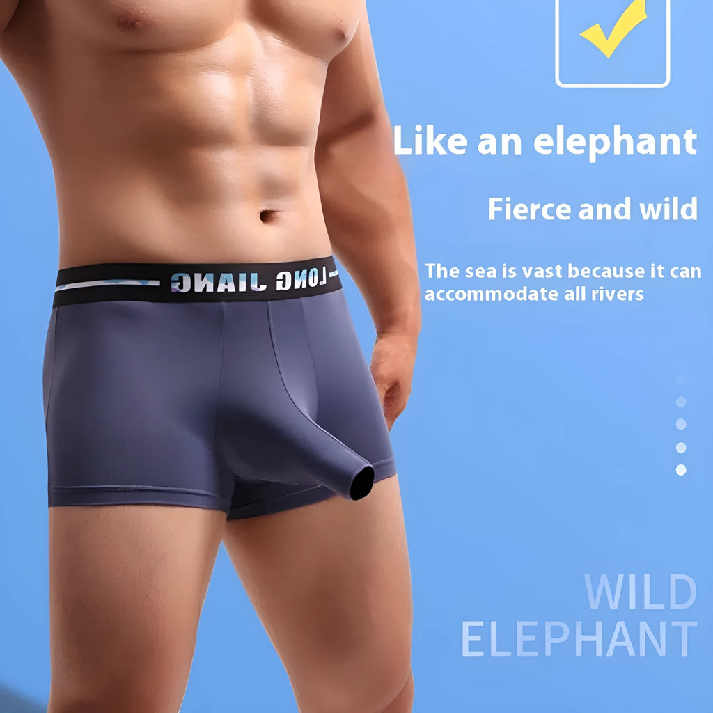 Men's solid colour Ice Silk boxer shorts with a trunk open design on a mid-waist fit.
