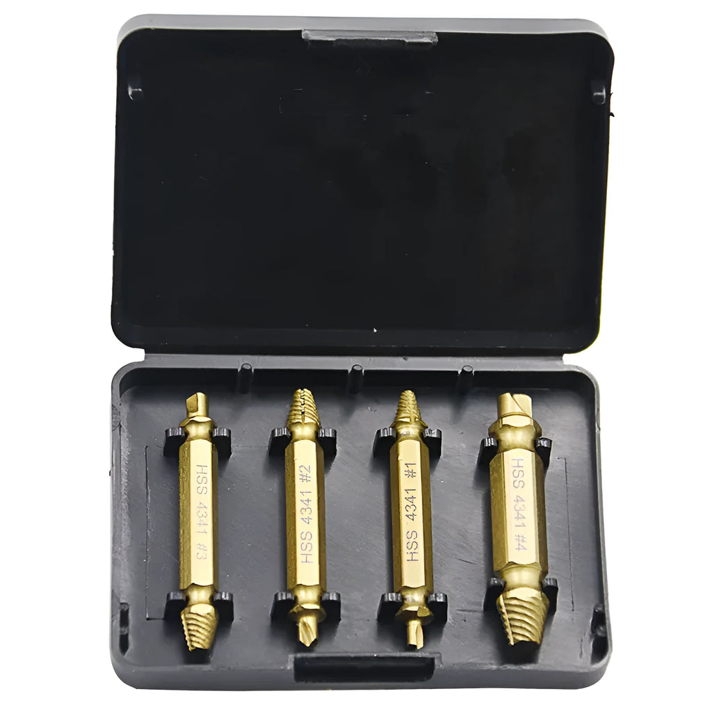 Set of five 4341 high-speed steel screw extractors for removing damaged screws and nails.
