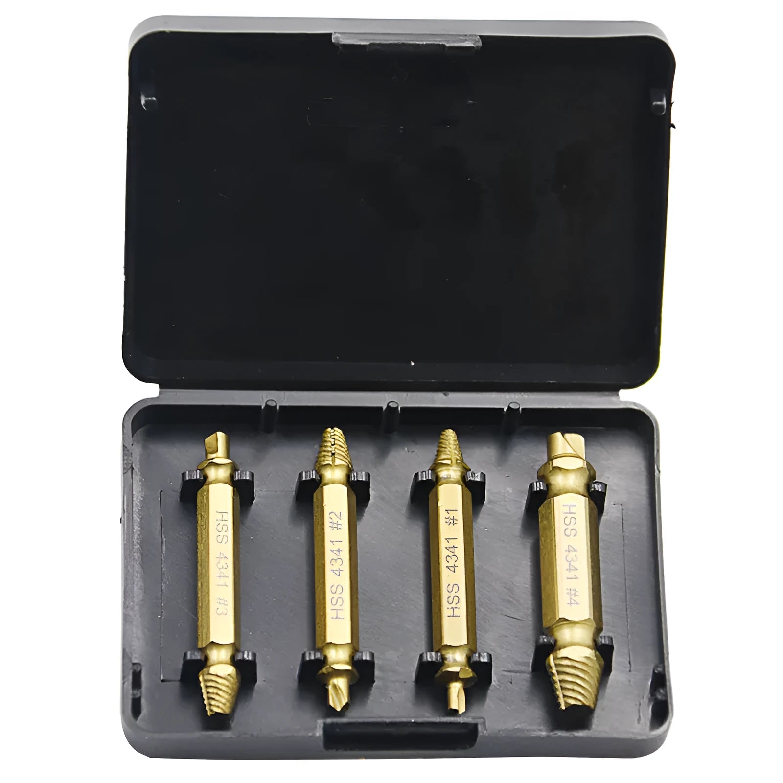 Set of five 4341 high-speed steel screw extractors for removing damaged screws and nails.