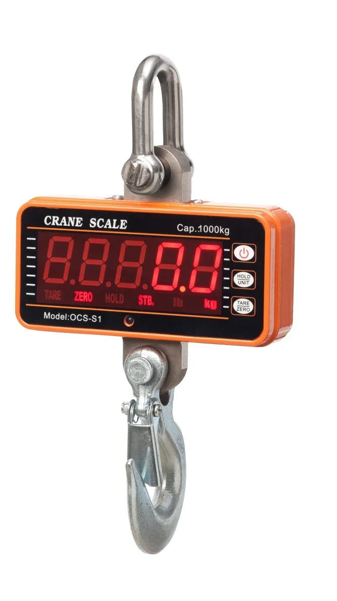 Orange electronic crane scale with digital display, showing 500 kg maximum capacity for industrial weighing.