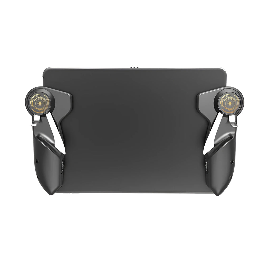 Black six-finger iPad trigger game controller with adjustable buttons and silicone grip for tablets.