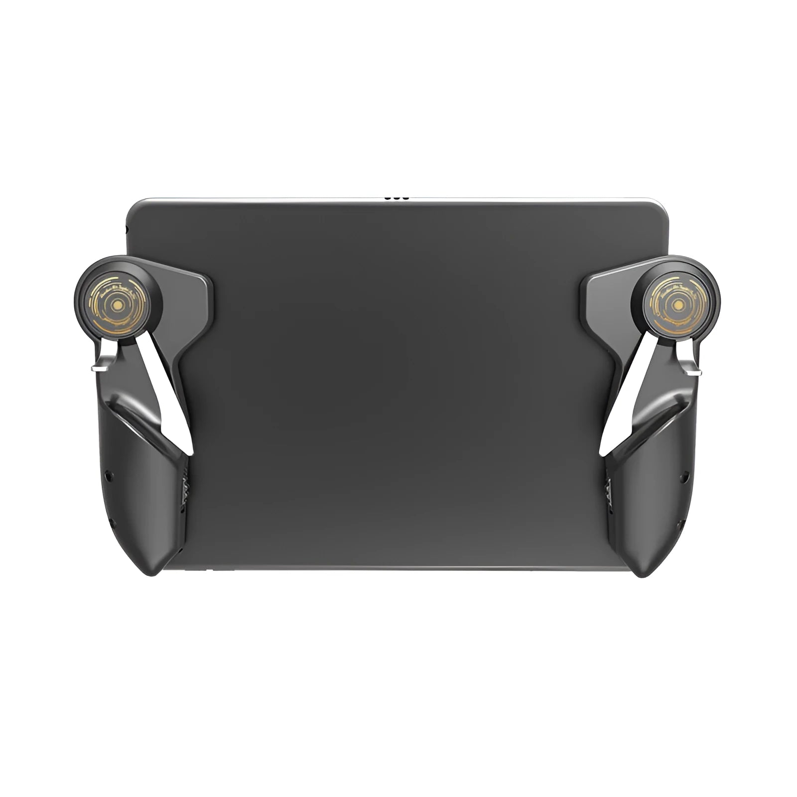 Black six-finger iPad trigger game controller with adjustable buttons and silicone grip for tablets.