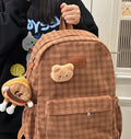 Corduroy checked backpack in khaki with computer pocket, 42x30x15cm, retro campus style