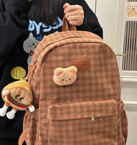 Corduroy checked backpack in khaki with computer pocket, 42x30x15cm, retro campus style