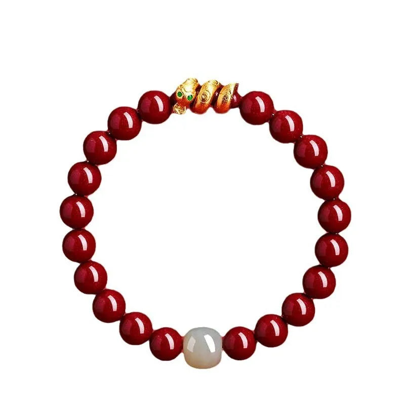 Handmade Chinese-style snake zodiac bracelet made from cinnabar beads.