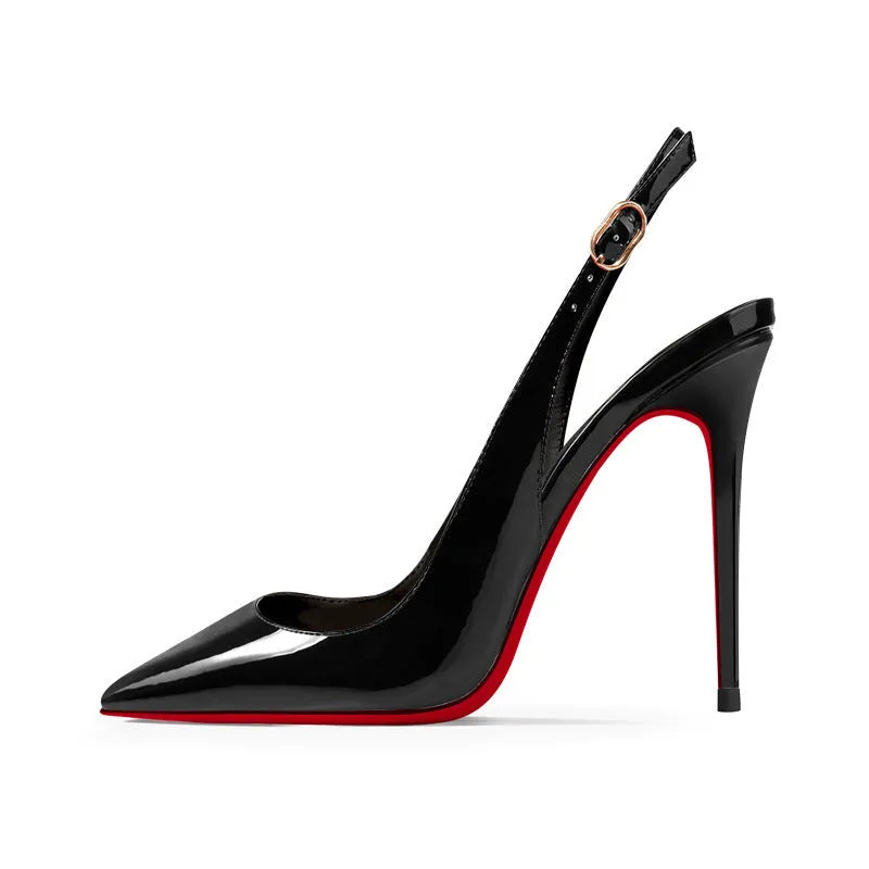 Women's black and red background stiletto heel sandals with a pointed toe and ankle strap, shown in apricot and black colour options.