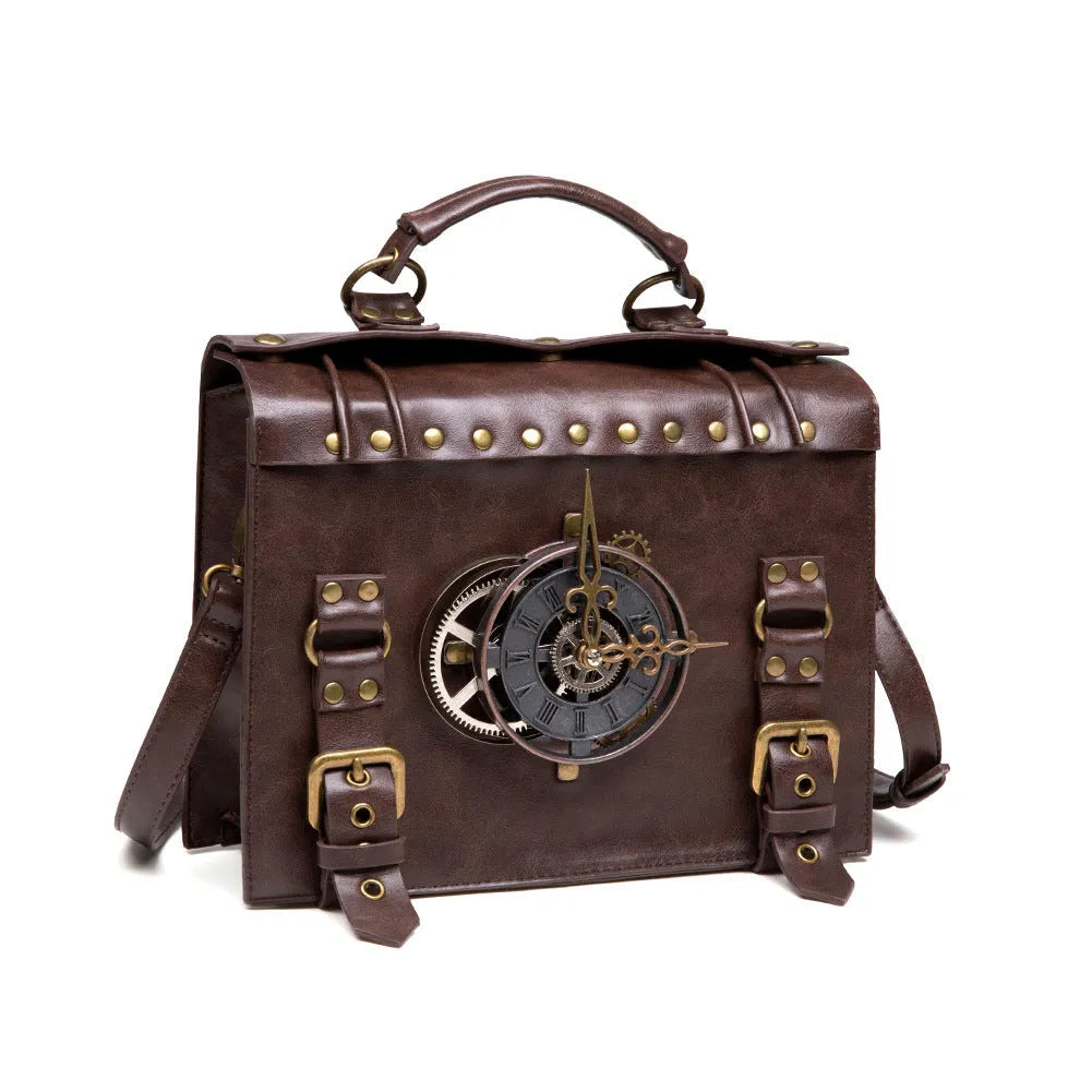 Bronze steampunk shoulder bag with metal hardware and horizontal square pillow design