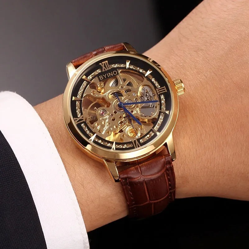 Men's automatic mechanical watch with leather strap, hollowed dial, waterproof casual design, three styles