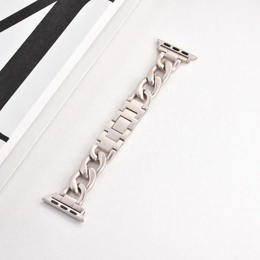 Denim chain metal watch strap for Apple Watch in silver, black, gold, rose gold, or Starlight colour.