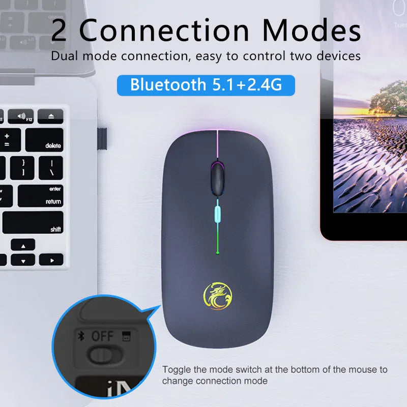 Black or white dual-mode wireless silent mouse with scroll wheel, shown with USB charging cable.