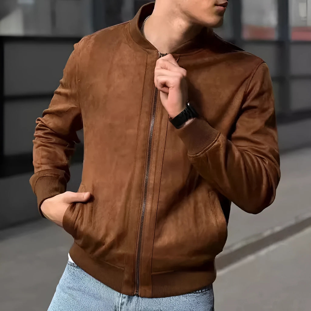European and American leisure suede solid color coat, brown, polyester fibre, regular length