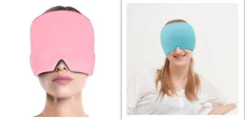 Black elastic cloth cooling gel eye mask for headache relief showing adjustable fit
