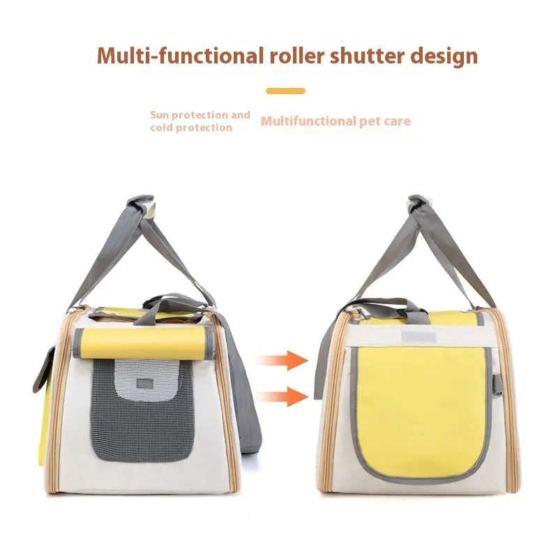 Foldable single shoulder pet carrier bag in canvas material, shown in yellow colour option