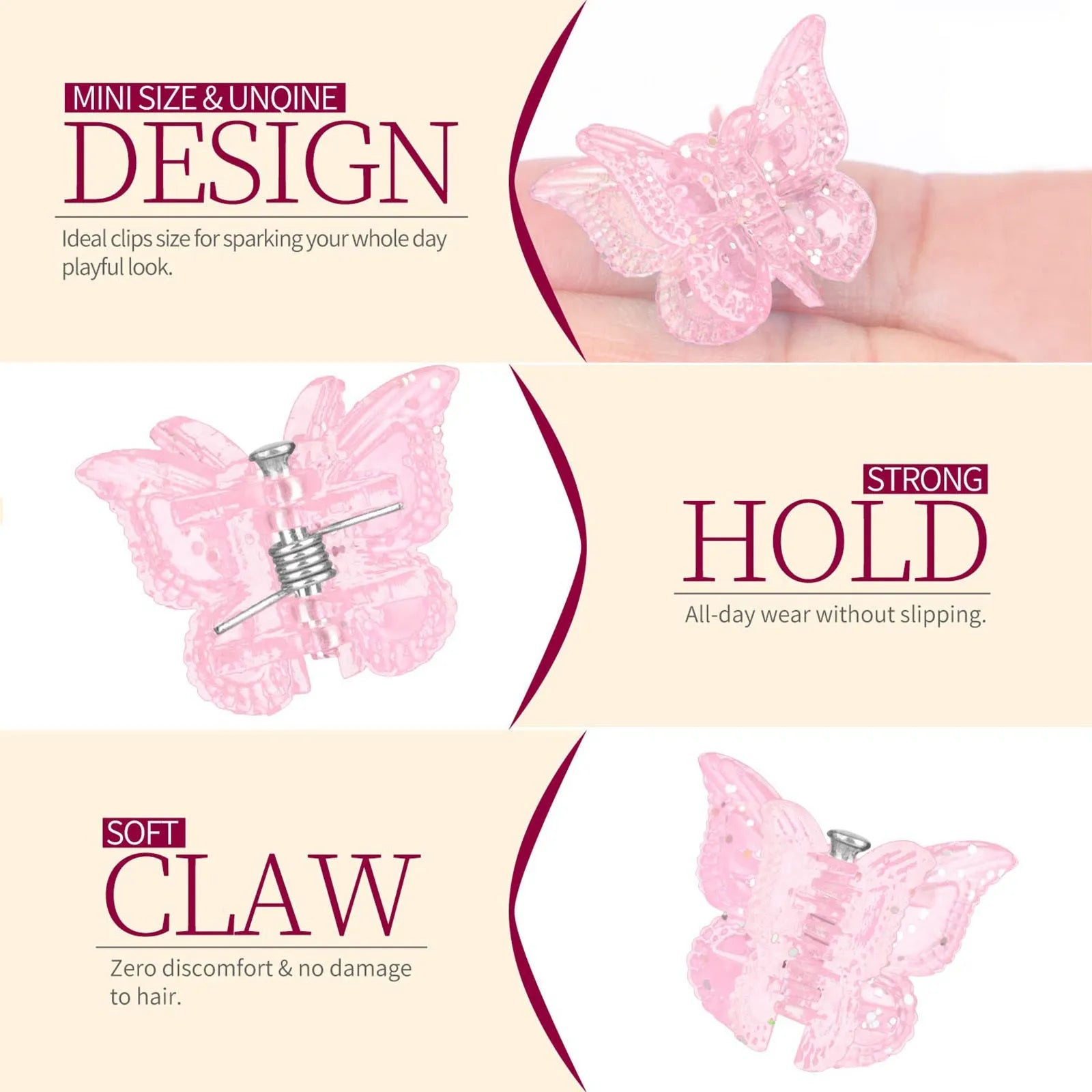 Set of glitter butterfly hair claw clips in assorted colours showing miniature size