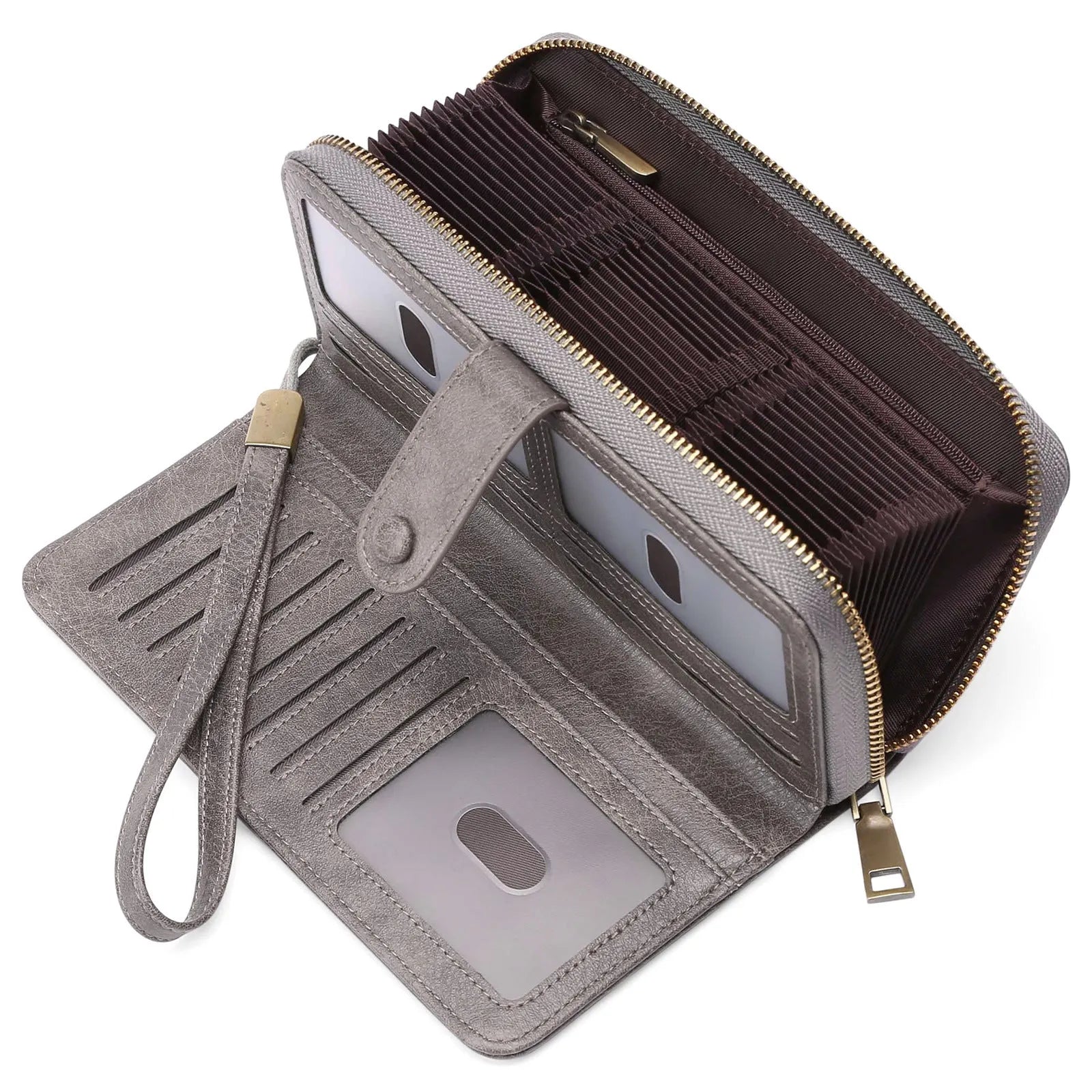 Light brown expanding card holder wallet for women showing multiple card slots and anti-theft swiping feature.