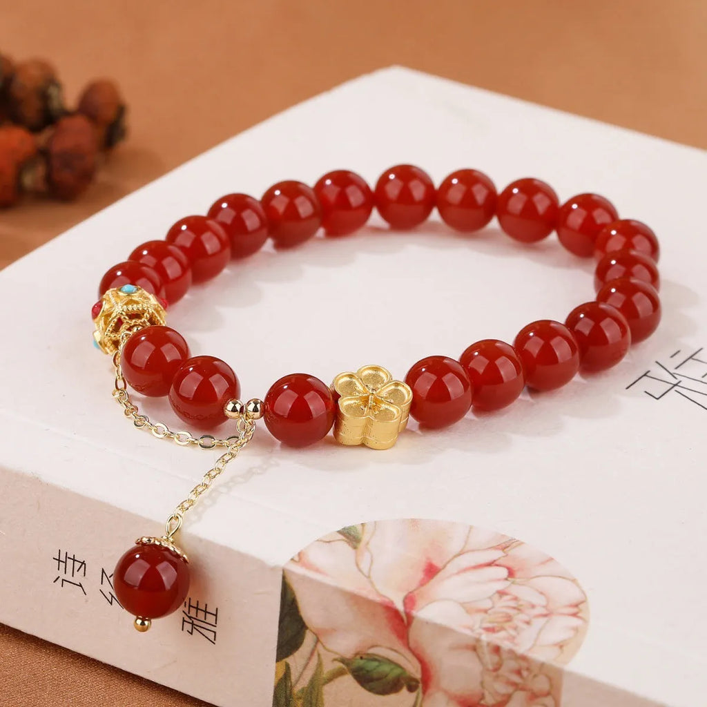 Handcrafted agate bracelet with 8mm natural stone beads and peach blossom copper components