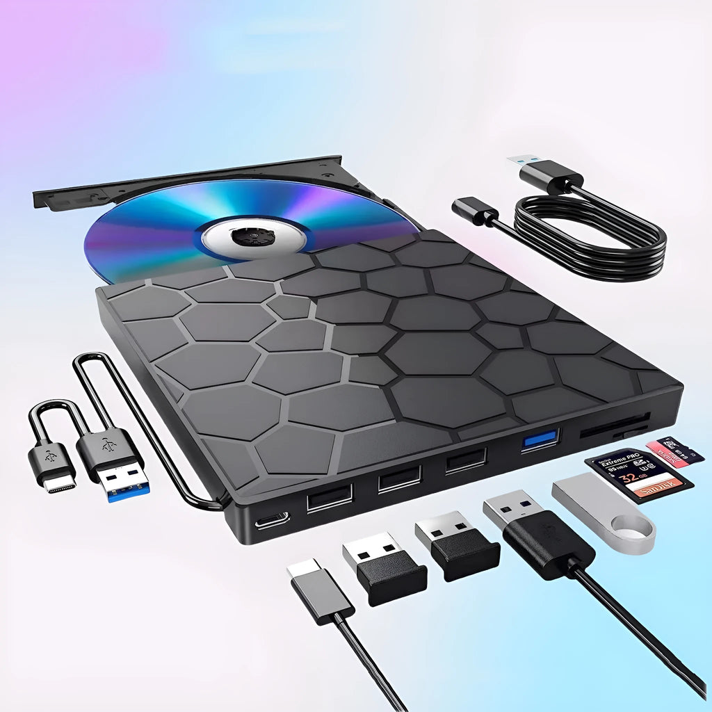 Black external CD drive with USB cable for computer disc reading and writing