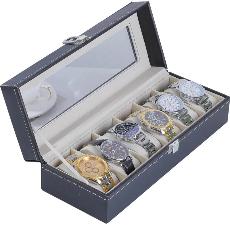 Grey high-grade leather watch storage box with a clear see-through lid, shown holding multiple watches.