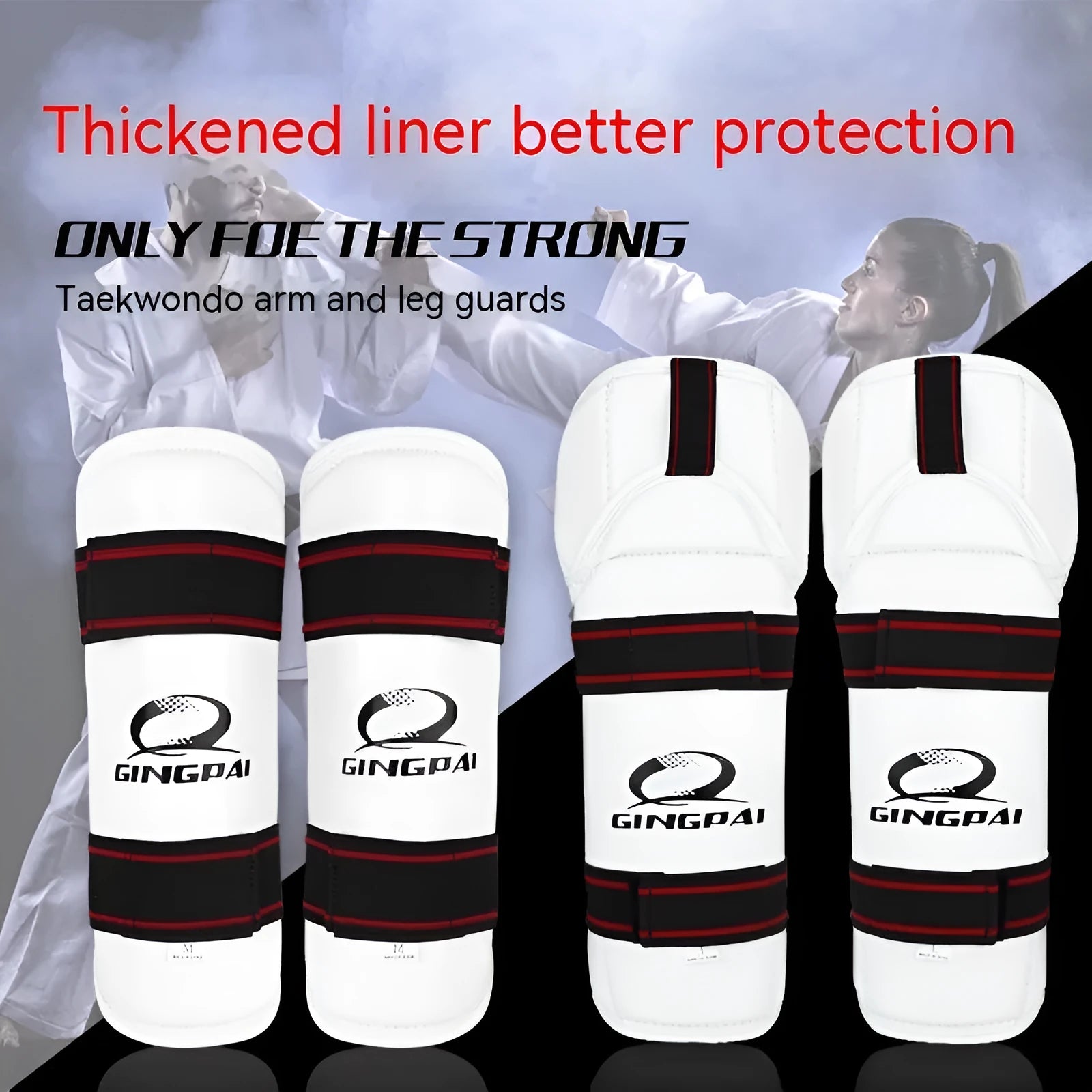 Taekwondo arm guards and leg protectors set in black PU EVA foam on a white background.